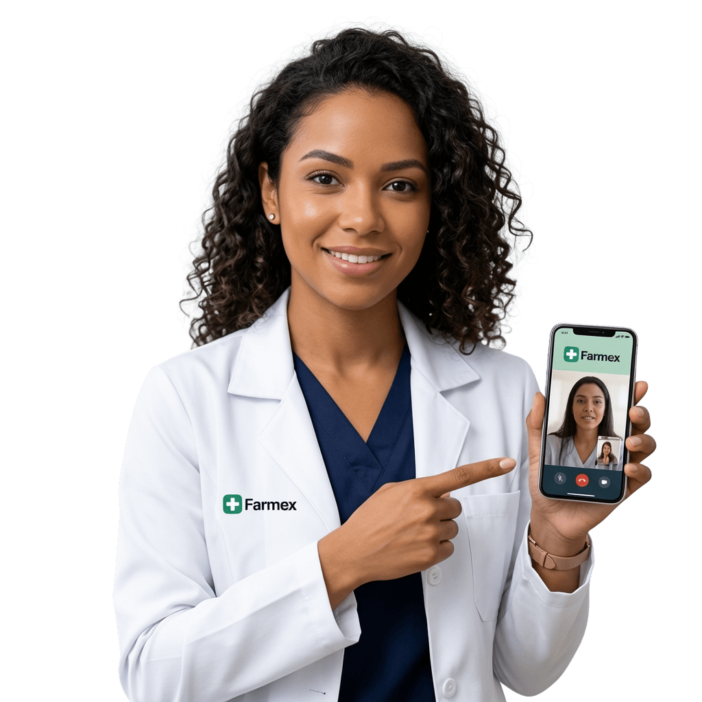 Médica Farmex em teleconsulta pelo celular